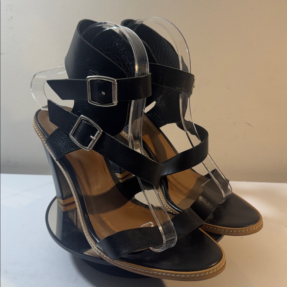 Carmen Marc Valvo Black Leather Strappy Block Heel Sandals - Size 9/39